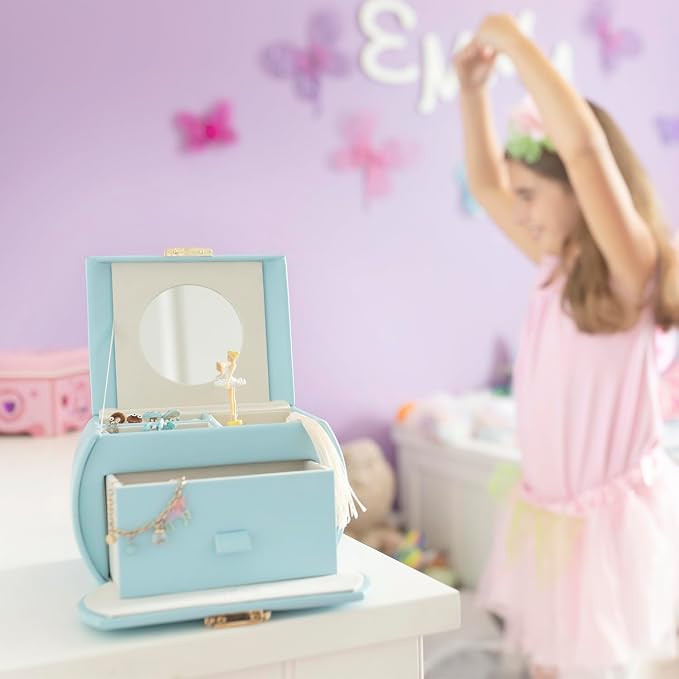 Vlando Musical Jewelry Box with Spinning Ballerina, Lockable Girls’ Jewelry Organizer for Necklaces Rings and Hair Accessories, Gift for Girls and Kids, Blue - Image 3