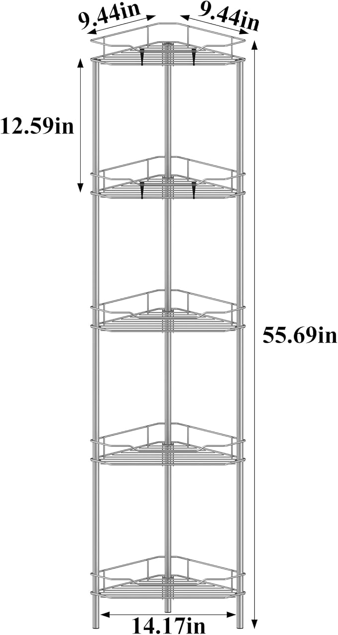 HuggieGems 5 Tier Floor Standing Corner Shower Caddy Organizer Shelf with Hooks, Bathroom Shelves Stand Rack, Gray - Image 7