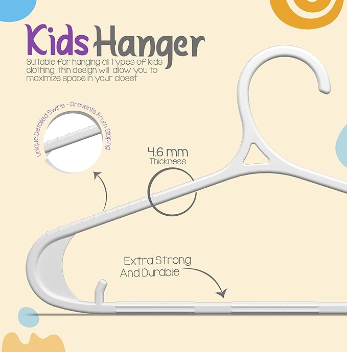 Utopia Home Kids Hangers 60 Pack - 11 Inch Plastic Baby Hangers for Closet - Childrens Hanger for Clothes & Infant Hanger for Closet - Non-Slip Shoulder Grooves, Strap Hooks & Pants Bar (White) - Image 4