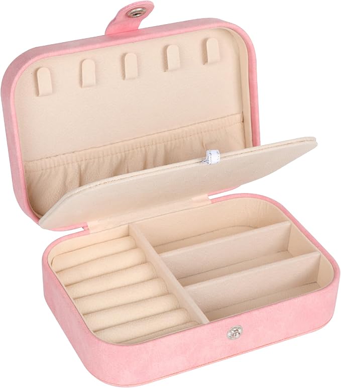 Hatori Travel Jewelry Box, PU Leather Small Jewelry Organizer for Women Girls, Portable Mini Travel Case Display Storage Holder Boxes for Stud Earrings, Rings, Necklaces, Bracelets (Pink Beige) by SAJOMA