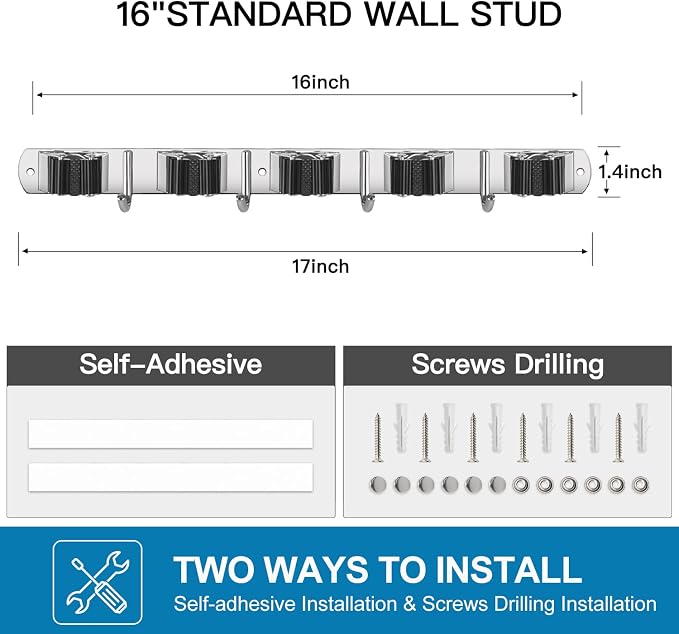 IMILLET 2 Pack Wall Mount Broom Holder Stainless Steel 5 Racks with 4 Hooks Broom Organizer Self Adhesive Heavy Duty Laundry Room, Garage Organization Storage - Image 6