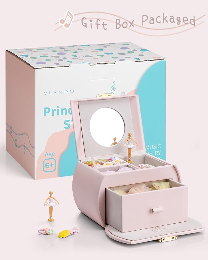 VLANDO Kids Musical Jewelry Box for Girls with Drawer, Music Box with Ballerina and Stickers for Birthday Bedroom Decor, Gifts for Girls Kids Christmas Thanksgiving Gifts 2024 - Light Pink - Image 4