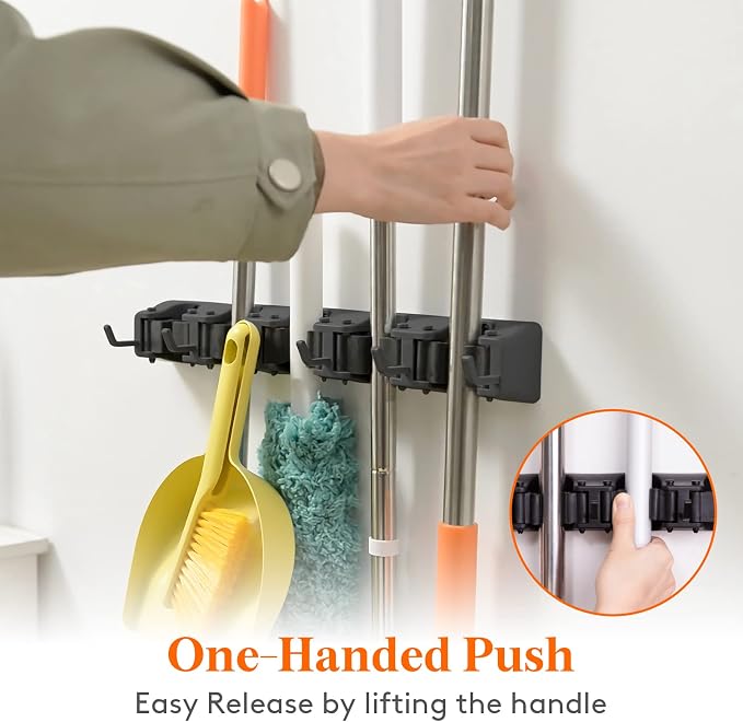 Lifewit Mop and Broom Holder Wall Mount, Anti-Slip Broom Hanger for Cleaning Supplies Organizer, Easy Install Tool Hanging Rack for Closet, Kitchen, Garage, 5 Slot 6 Hooks, Hold 30lbs, Black, 2 Pack - Image 3