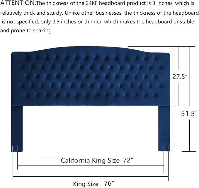 24KF Upholstered Button Tufted King Headboard and Velvet Fabric King/California King- Navy