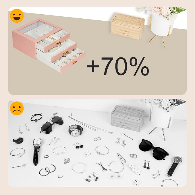 Jewelry Box Organizer with 3 Drawers,Glass Lid Jewelry Boxes for Women,Jewelry Storage for Rings,Necklaces,Earrings,Bracelets,Interesting Gift,Pink - Image 8