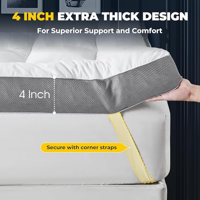 HYPREST 4 Inch Mattress Topper Queen, Thick Cooling Cotton Pillow Top with 2000 GSM Shredded Memory Foam - Soft & Supportive for Back Pain Relief, Non-Slip Bottom