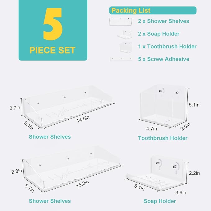 Bakzon Adhesive Shower Caddy, 5 Pack Acrylic Shower Shelves Bath Organizers With Large Capacity, No Drilling Shelves for Bathroom Storage - Image 2