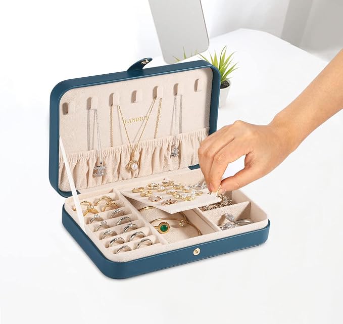 LANDICI Small Jewelry Box for Women Girls, PU Leather Travel Jewelry Organizer Case, Jewellery Storage Holder Display for Ring Earrings Necklace Bracelet Bangle Watch Men Kids Gift, Bluish Green - Image 5