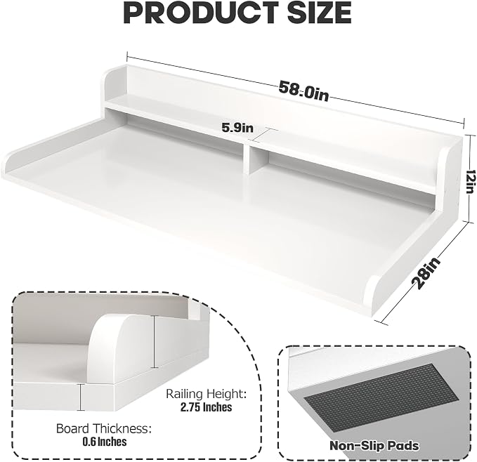 2-Tier Washer Dryer Countertop with 2.75" H Edge Rails, 58" W x 28" D Laundry Countertop for Folding Clothes, Washer and Dryer Topper with Non-Slip Pad (White) - Image 5