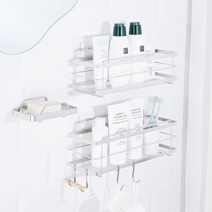 KINCMAX Premium Shower Caddy with Soap Holder, 2-Pack Adhesive Organizer, No Drill Bathroom Shelves, Rustproof Stainless Steel Shelves for Inside Shower, Storage Rack, Silver by KINCMAX