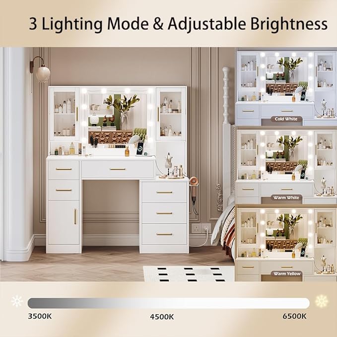 UGTOO Makeup Vanity Desk with Mirror and Lights, 51.2" Makeup Vanity with Lights & Charging Station, Dressing Table Vanity Set for Bedroom, White Vanity Table with 6 Drawers and 3 Cabinet