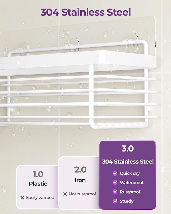 ODesign Shower Caddy 3 Pack SUS304 Stainless Steel-No Drilling-Shower Bathroom Shelves Rack,Rustproof Wall Mounted,Adhesive Shower Shelf Basket Organizer-White - Image 2