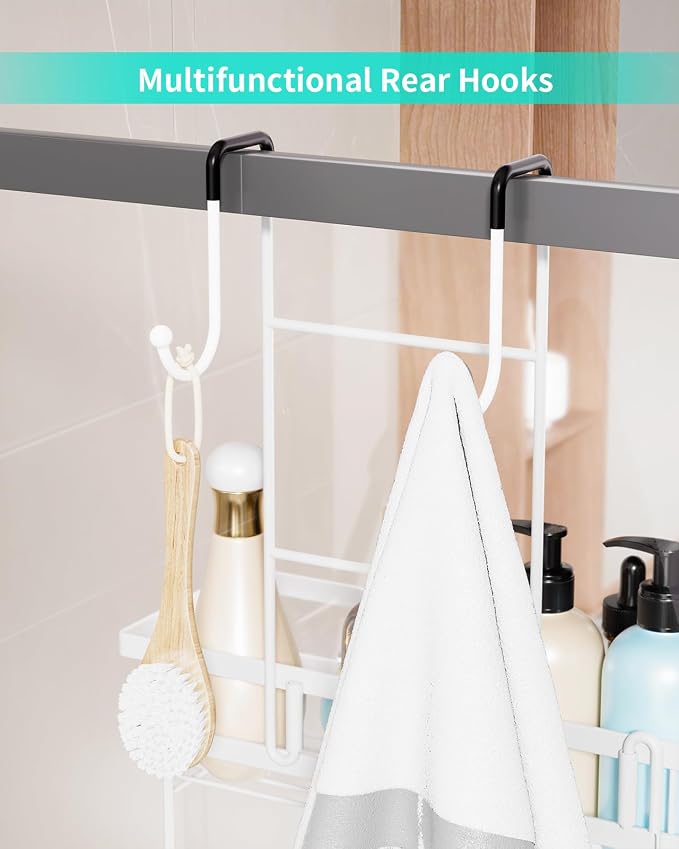 HapiRm Shower Caddy Over Door- Hanging Shower Organizer with 14 Hooks and Soap Holder, Rustproof & Waterproof Stainless Steel Bathroom Shelf - White - Image 5