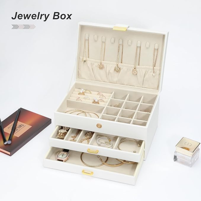 Jewelry Organizer Box for Women Girls, 3-Layer Jewelry Case with 2 Drawers Jewelry Storage Box for Ring Earrings Bracelets Necklaces(White) - Image 5