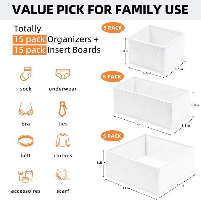 Criusia Closet Drawer Organizer Clothes, 15 Pack White Dresser Organizer for Baby Clothes, Fabric Drawer Dividers for Nursery Bedroom - Image 4