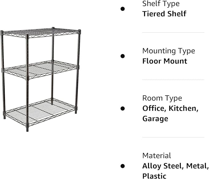 Amazon Basics 3-Shelf Adjustable Heavy Duty Steel Wire Rack Storage Shelving Organizer with Storage Space, Versatility and Ease of Use for Kitchen, Garage, 23.2" L x 13.4" W x 30" H, Black - Image 6