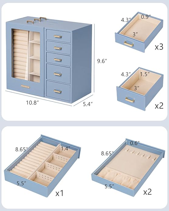 Homde Large Jewelry Box/Organizer/Case with Glass Window, Drawers for Necklaces Earrings Rings Bracelets Watches Gift for Women Girls - Image 6