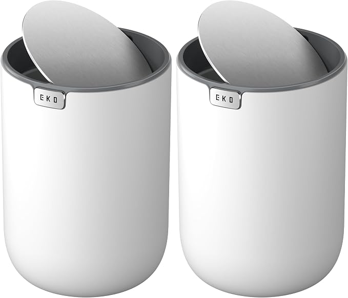 EKO Mini Desk Trash Can with Swing-Top Lid 0.4 Gallon Small Table Round Wastebasket for Office, Home, Car (White) (Pack of 2) by EKO