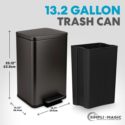 Simpli-Magic 13.2 Gallon (50L) Step Trash Can – Kitchen Garbage Can with Slow-Close Lid – Odor Control, Hands-Free, Easy to Clean, Brushed Stainless Steel - Image 3