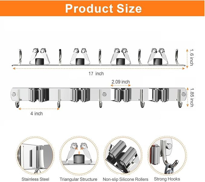 CUXIXA Mop and Broom Holder Wall Mount, Upgraded Broom Organizer Wall Mount, Stainless Steel Broom Hanger Wall Mount for Home Kitchen Garden Laundry Garage (4 Racks with 5 Hooks Silver) - Image 5