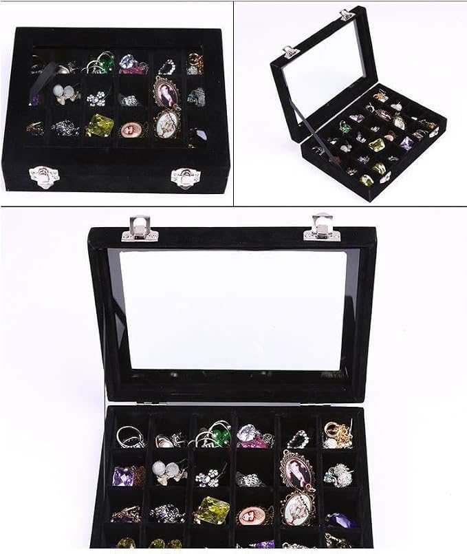 Velvet Jewelry Box 24 Grid Jewelry Earrings Display Organiser Box Ring Tray Holder Earrings Storage Case for Girls Women Wife Mom (Black) - Image 4
