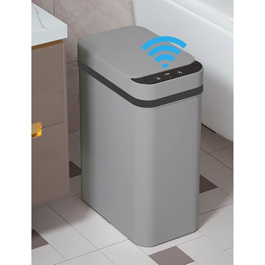 Yatmung 2.5 Gallon Motion Sensor Trash Can - Automatic Trash Can Touchless - Smart Trash Bin with Lid - Electric, Narrow, Plastic, Auto Open, Office, Bedroom, Bathroom - Small Garbage Can (Grey) by Yatmung