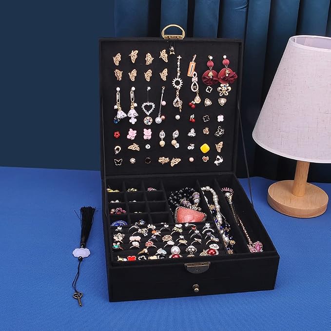 Women Jewelry Box Lockable 3 Layers Large Jewelry Organizer Storage Case for Earrings Necklaces Rings Bracelets,Green Display Jewel Holder (Black) - Image 4