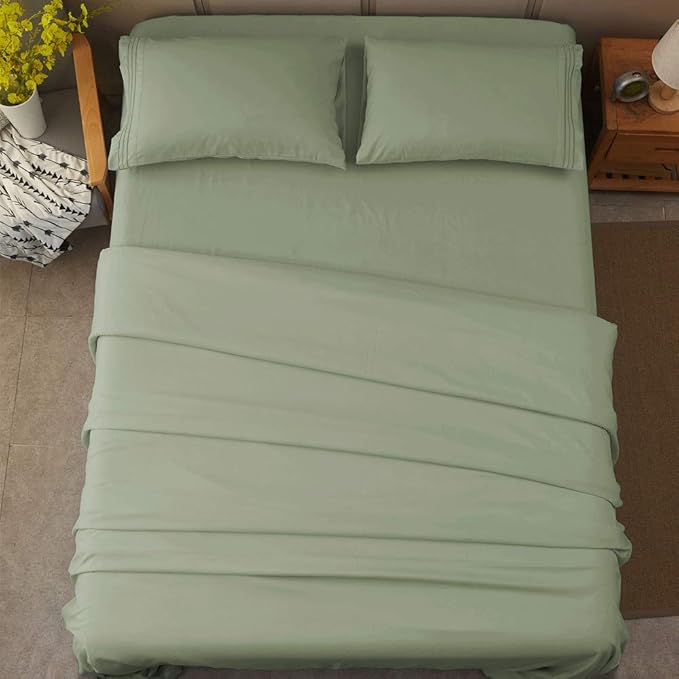 SONORO KATE Bed Sheet Set Super Soft Microfiber 1800 Thread Count Luxury Egyptian Sheets 16-Inch Deep Pocket，Wrinkle and Hypoallergenic-4 Piece (Sage, Full)