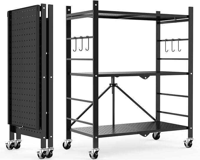 Himix Storage Shelves with 6 Hooks, 3 Tier Foldable Shelf with Wheels, Metal Storage Shelving Unit Rolling Cart, Utility Shelf Rack Organization Shelves for Pantry, Kitchen, Black - No Assembly by Himix