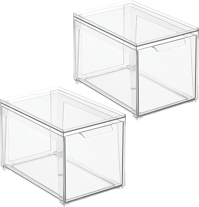 mDesign Plastic Stackable Closet Storage Organizer Bins with Pull Out Drawer for Cabinet, Desk, Shelf, Cupboard, or Dresser Organization - Lumiere Collection - 2 Pack - Clear - Image 9