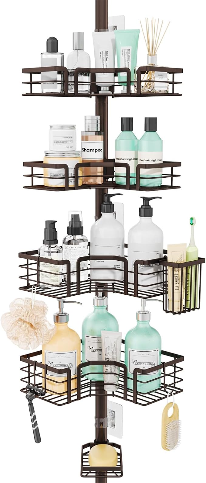 SWTYMIKI Shower Caddy Tension Pole - 4-Tier Corner Shower Organizer Tension Rod with Soap Holder, Toothbrush Holder & 4 Hooks, Adjustable Stainless Steel Bathroom Organizer 27.6 to 108.3 inch, Bronze by SwtyMiki-TidyHomeSweetLife