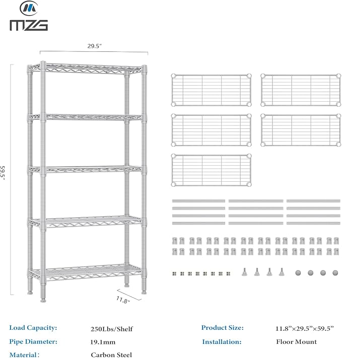 M MZG 1250 lbs 5 Tier Shelf Metal Storage Shelves Wire Rack Closet Organizers for Garage Kitchen Bathroom Laundry White 11.8" D x 29.5" W x 59.5" H - Image 3