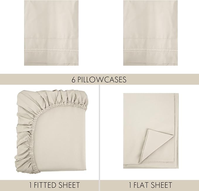 ClevaHome Twin Size Sheet Set - 4 Piece Soft Breathable Luxury Bed Sheet Set - Shrinkage & Fade Resistant Embroidered Bedding Sheet with Deep Pocket, 2 Extra Pillowcases (Twin, Oat Milk)