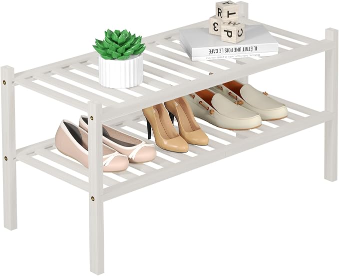 ROMGUAR CRAFT 2 Tier Bamboo Shoe Rack for Closet Free Standing Wood Shoe Shelf for Entryway Small Space Stackable 27"x11"x13" (White) by ROMGUAR+CRAFT