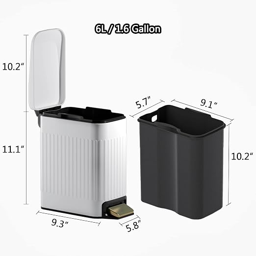 Small Bathroom Trash Can with Lid Soft Close-6L/1.6 Gal Slim Step Garbage Can-Metal Pedal Wastebasket-Narrow Rectangle Garbage Container Bin for Corner Office, Bedroom, Toilet, Live Room-White - Image 5