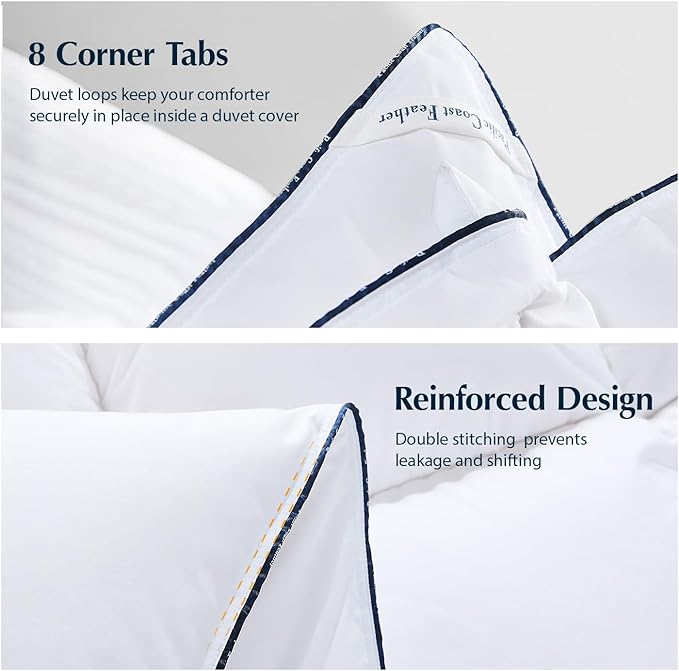 Pacific Coast Luxury White Goose Feather Down Fiber Comforter Queen Size, All Season Hotel Collection Duvet Insert, Ultra Soft, Breathable Bedding Comforter with 8 Corner Tabs, 90x90 Inch White