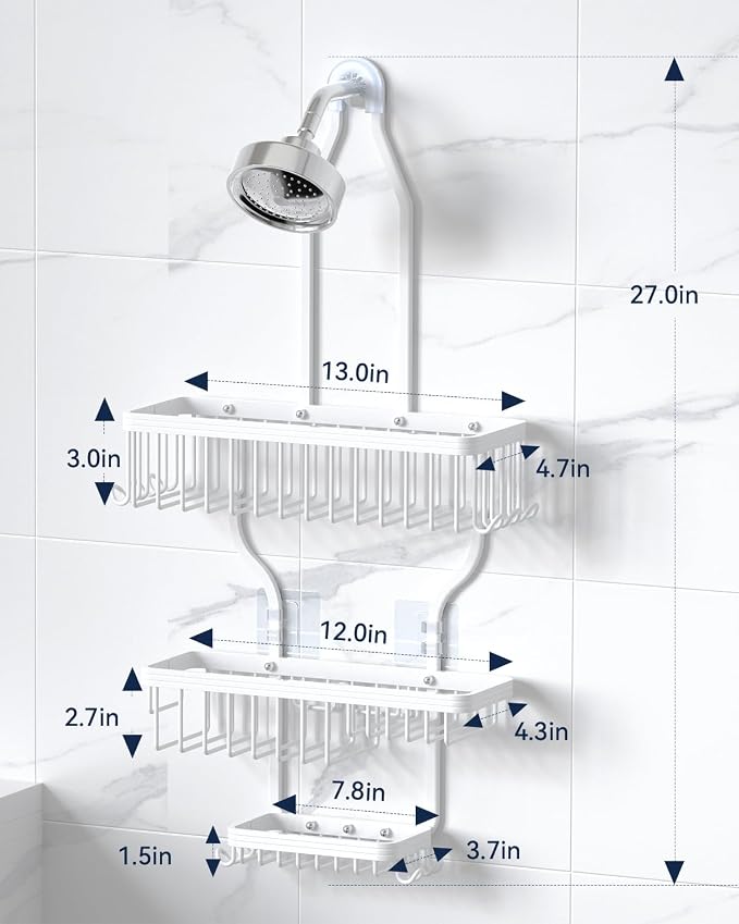 YASONIC Never-Rust Aluminum Hanging Shower Caddy – Over-the-Showerhead Organizer with 10 Hooks for Razor and Sponge – Includes Soap Basket – White - Image 8