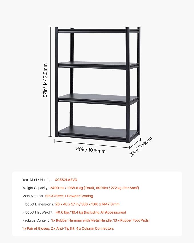 VEVOR Storage Shelves, 2400 lbs, 4 Tier Garage Storage Shelving, 20" D x 40" W x 57" H Adjustable Metal Shelves for Garage Shelves Utility Rack Shelf, Ideal for Kitchen, Warehouse, Basement, Black - Image 8