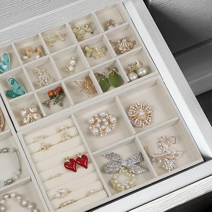 Set of 4 Stackable Jewelry Trays Organizer, Velvet Earring Organizer, Jewelry Organizer Showcase Display Drawer Organizer Storage, Earring Holder Necklace Bracelet Ring Accessary Organizers (Beige) - Image 6