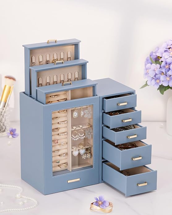 Homde Large Jewelry Box/Organizer/Case with Glass Window, Drawers for Necklaces Earrings Rings Bracelets Watches Gift for Women Girls - Image 7
