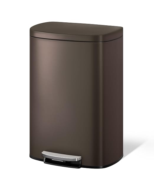 Garvee 13 gal / 50 L Metal Kitchen Trash Can with Lid, Large Rustproof Garbage Can for Kitchen, Step-on Trash Bin with Inner Bucket, Rear Handle, Soft Close Lid, Brown by Garvee