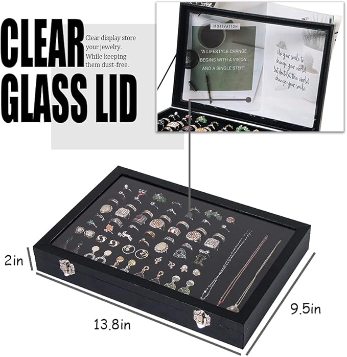Ring Holder Organizer Box, Jewelry Display Case, Earring Necklace Storage Tray With Top Glass Lid (Black, 100 Slots) - Image 4