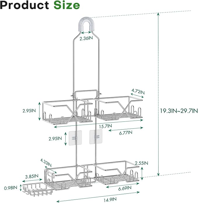Sewulidon Stainless Steel Shower Caddy Hanging for Handheld Shower Heads,Rustproof Hose Shower Organizer Adjustable Length Shower Rack with 24 Hooks,Razor Holder,Soap Holder - Image 6