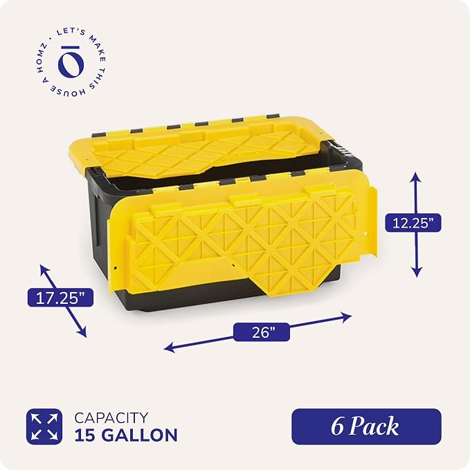 HOMZ 6-Pack Durabilt Tote, Heavy Duty Plastic Storage Bins with Lids, 15 Gallon, Black/Yellow - Stackable Organizing Containers for Home, Garage, and Office - Image 4