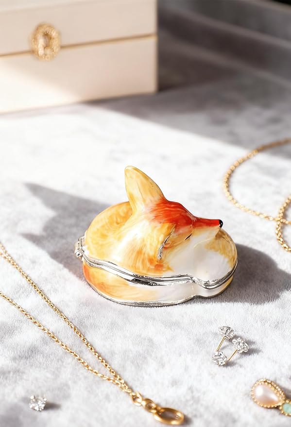 Hand Painted Trinket Box Enamel Vintage Jewelry Box Sleeping Fox Hinged Metal Jewelry Organizer Decorative Treasure Box Unique Gifts for Animal Lover - Image 5