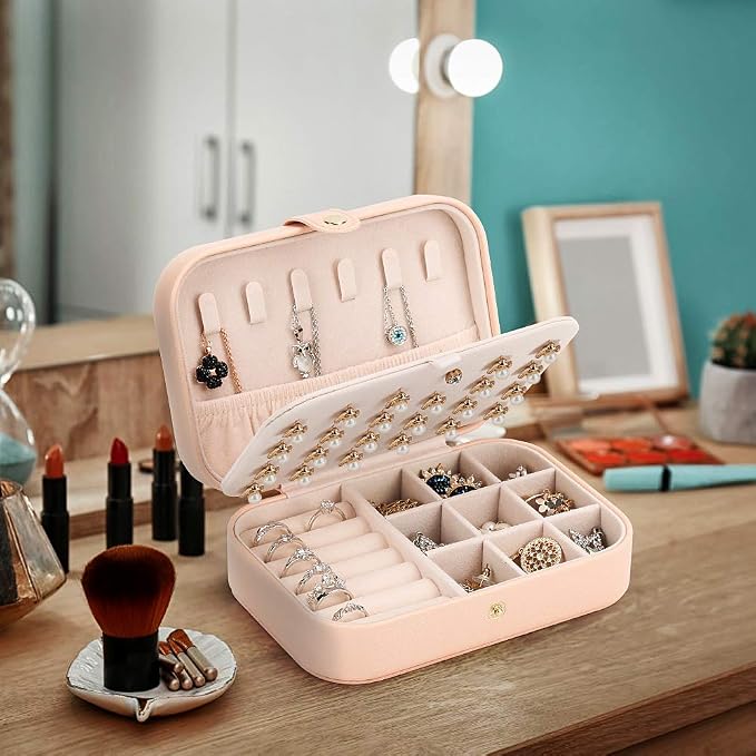 FEISCON Travel Jewelry Case Jewelry Organizer Box with Two Layer Portable Small Jewelry Storage Case Accessories Holder/Pink - Image 2