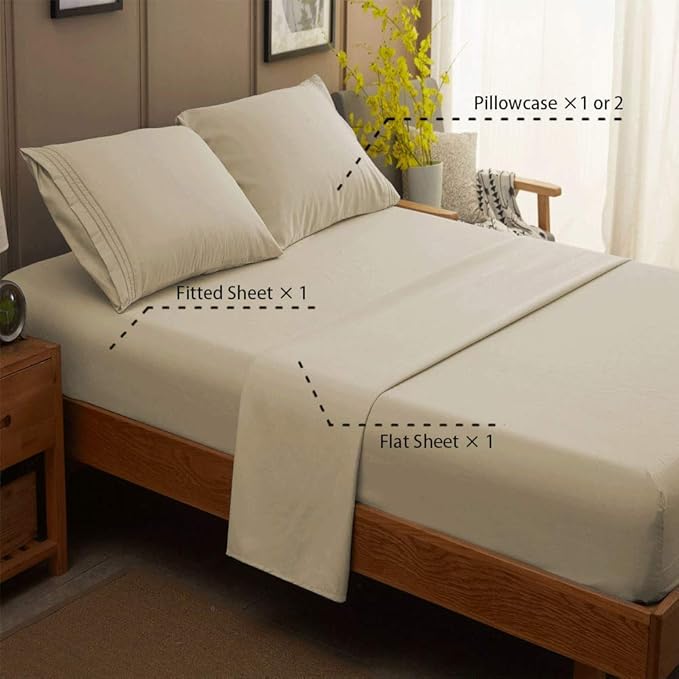 SONORO KATE Bed Sheet Set Super Soft Microfiber 1800 Thread Count Luxury Egyptian Sheets 16-Inch Deep Pocket，Wrinkle and Hypoallergenic-4 Piece (Beige, King)