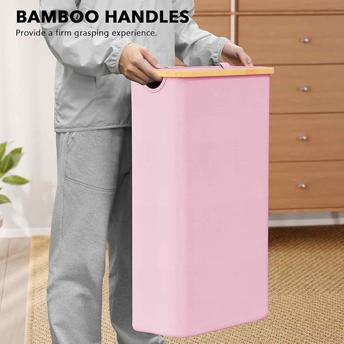 SpaceAid Slim Laundry Hamper with Lid, 65L Narrow Clothes Basket Bin with Bamboo Handles, Skinny Tall Collapsible Hamper for Bedroom, Bathroom, Dorm, Laundry Room - Pink - Image 6