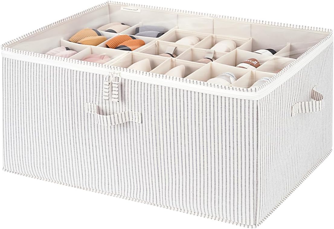 StorageWorks Shoe Organizer for Closet, Fits up to 24 Pairs, Shoe Cubby Storage Containers with Adjustable Dividers and Clear Cover, Khaki and Beige Stripes by StorageWorks