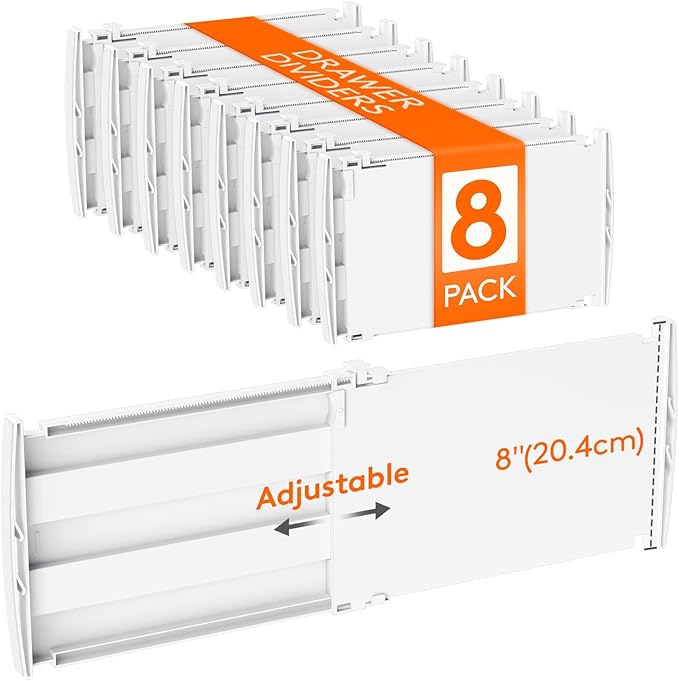 Lifewit 8" Tall 8 Pack Drawer Dividers, 35-56.5cm/13.8-22.2" Expandable Drawer Divider for Clothes, Adjustable Dresser Drawer Organizers, Drawers Separators for Dresser/Bathroom/Closet/Kitchen White by Lifewit